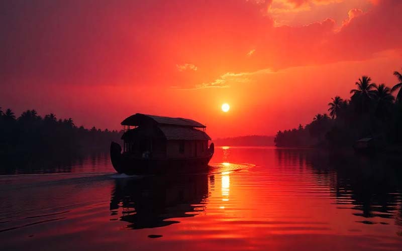 Guests enjoying Sunset Cruise on Kannur Houseboat with golden evening sky over Valapattanam River near Parassinikadavu Temple